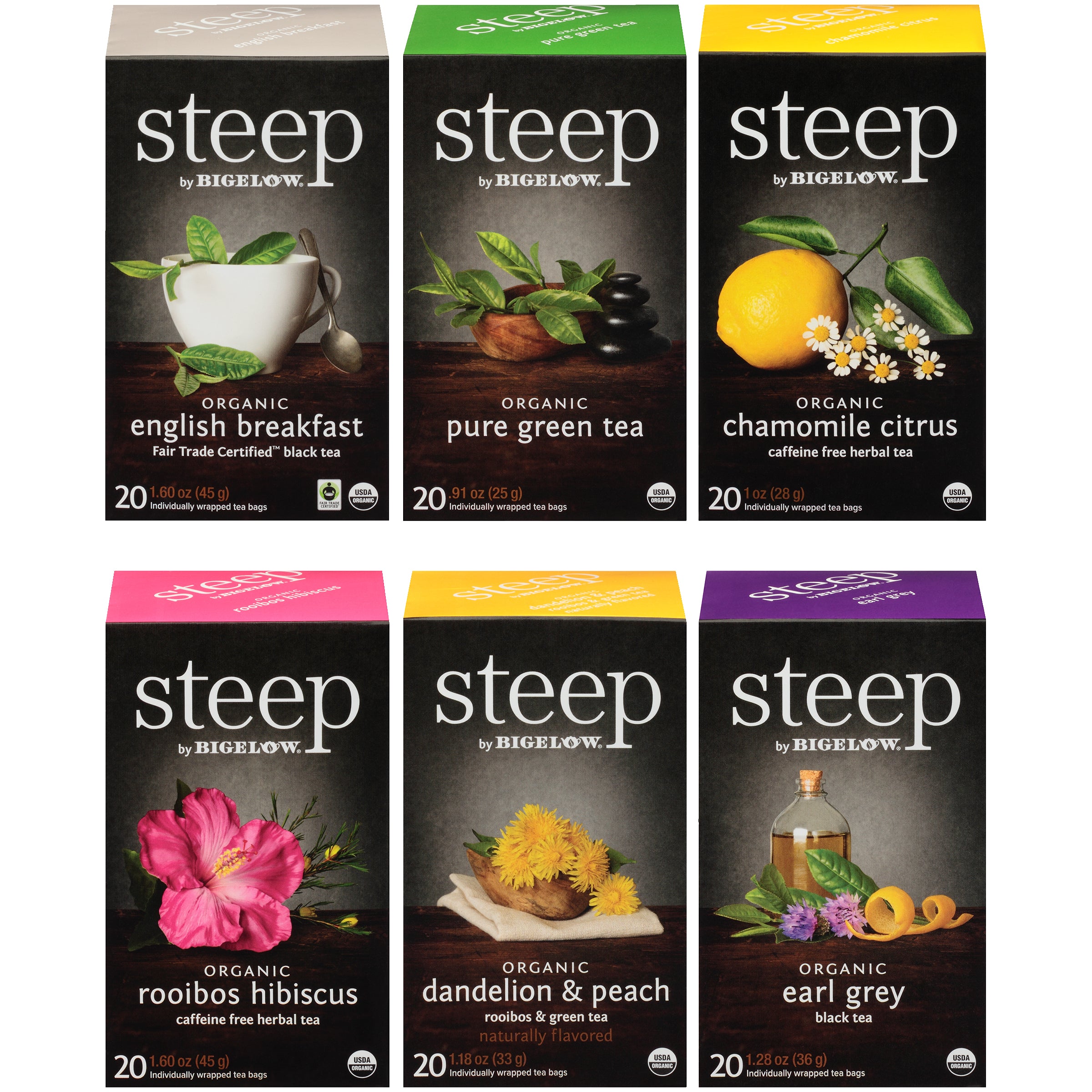 Mixed Case of 6 steep by Bigelow Organic Teas - Case of 6 boxes- total of  120 teabags – Bigelow Tea