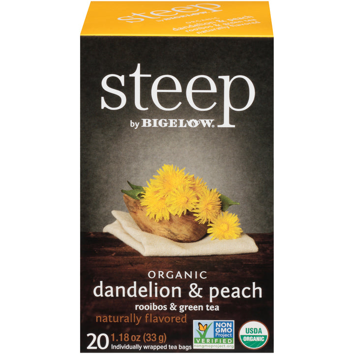 Front of steep by Bigelow Organic Dandelion and peach Rooibos and Green Tea Box of 20 tea bags