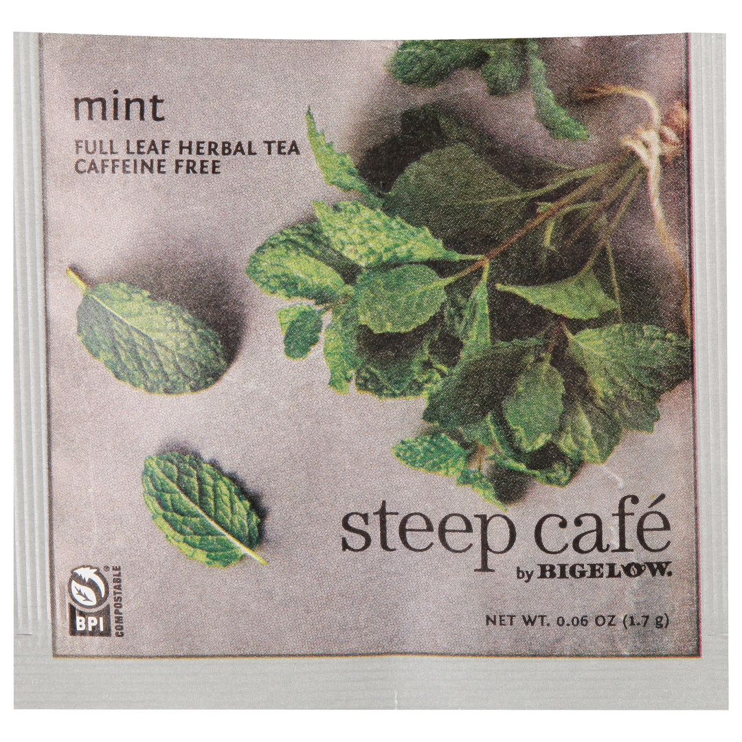 steep cafe by Bigelow full leaf mint herbal tea pyramid bag in overwrap