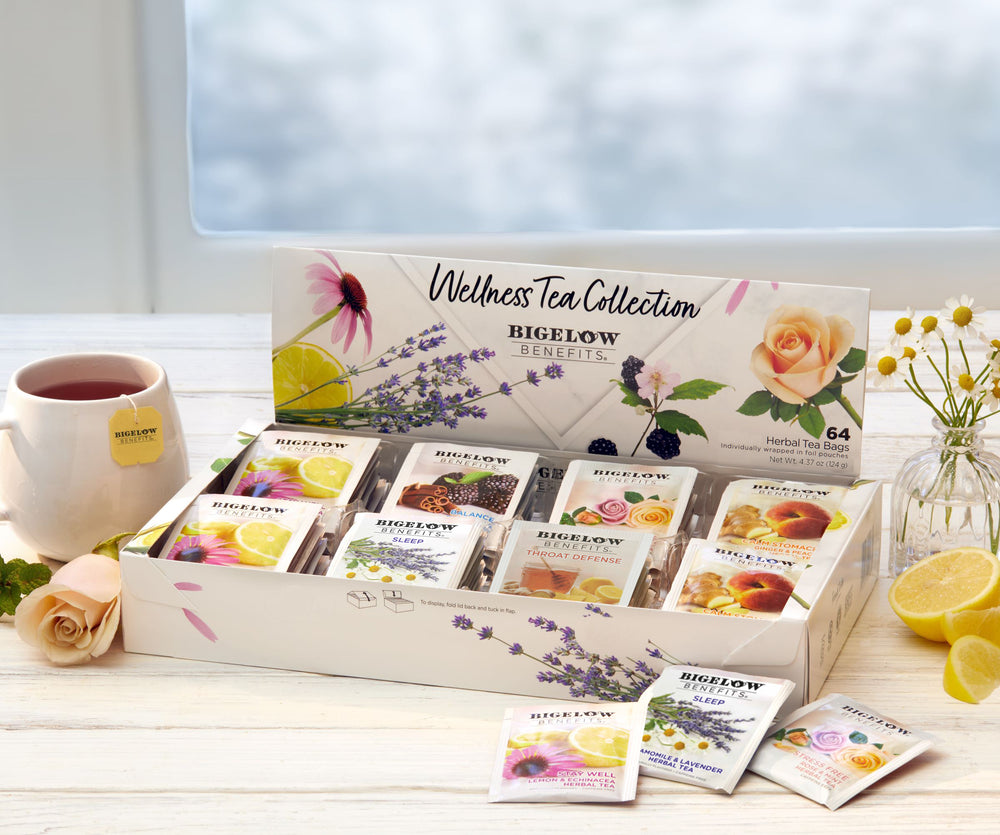 Benefits Wellness Tea Variety Gift Box and cup of tea