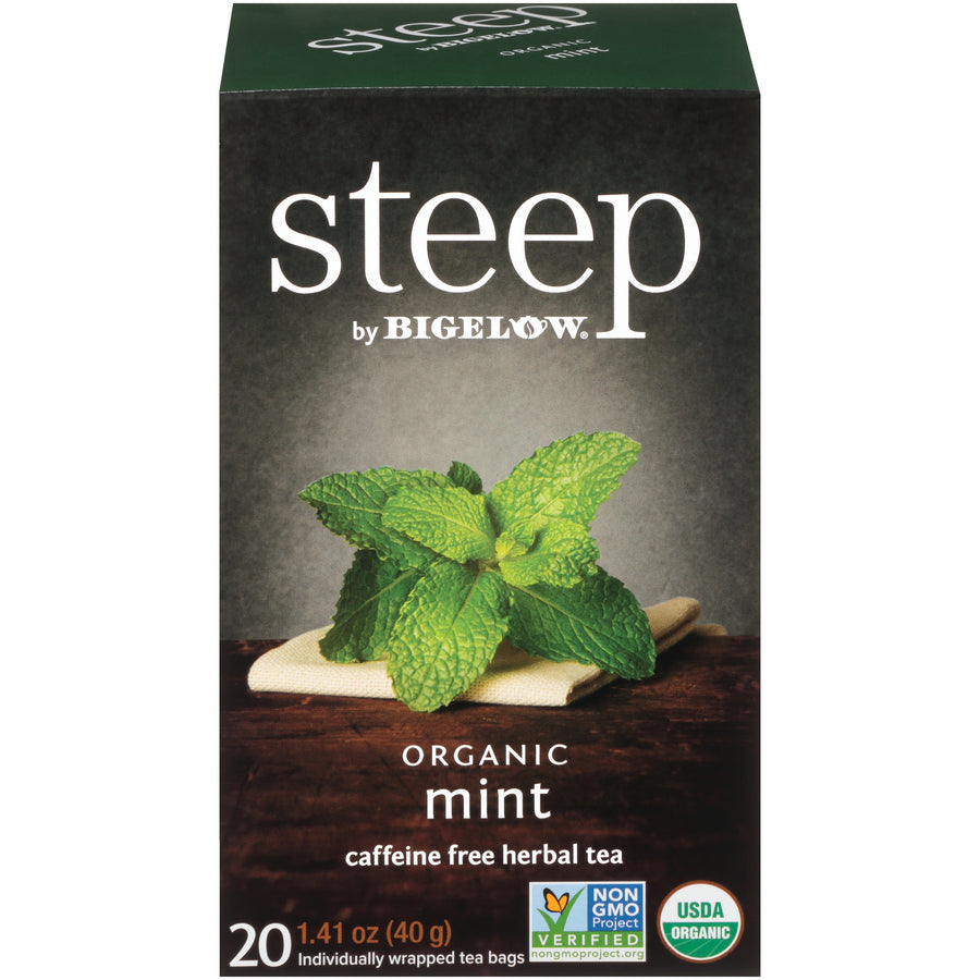 Front of steep by Bigelow Organic Mint Herbal Tea Box of 20 tea bags