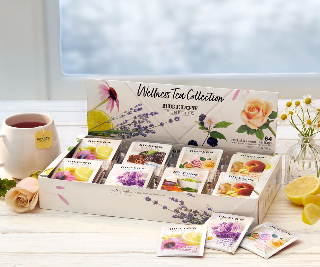 Benefits Wellness Tea Variety Gift Box and cup of tea
