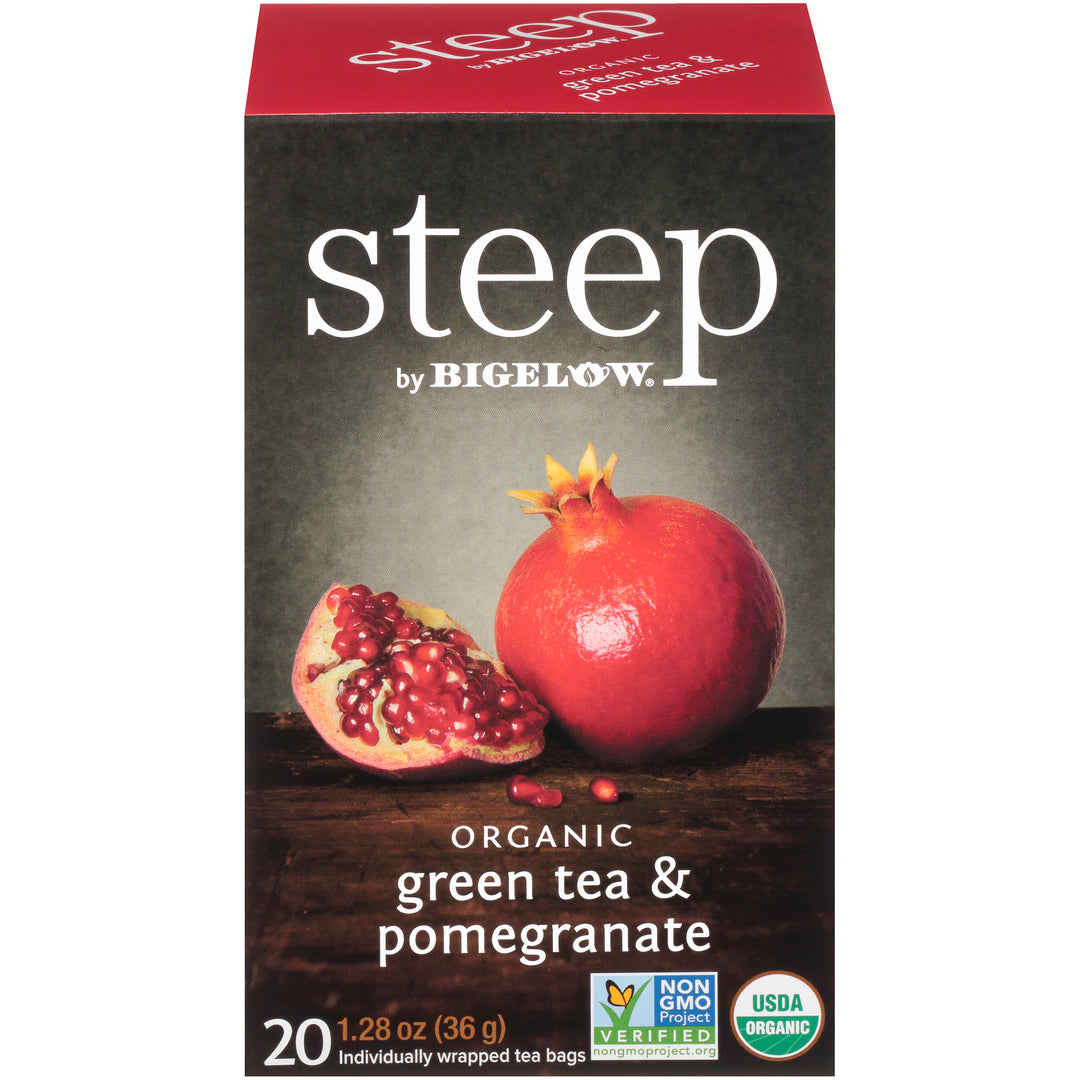 Front of steep by Bigelow Organic Green Tea and Pomegranate Box of 20 tea bags