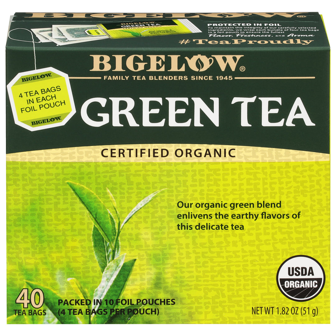 Front view of Organic Green Tea box of 40 tea bags