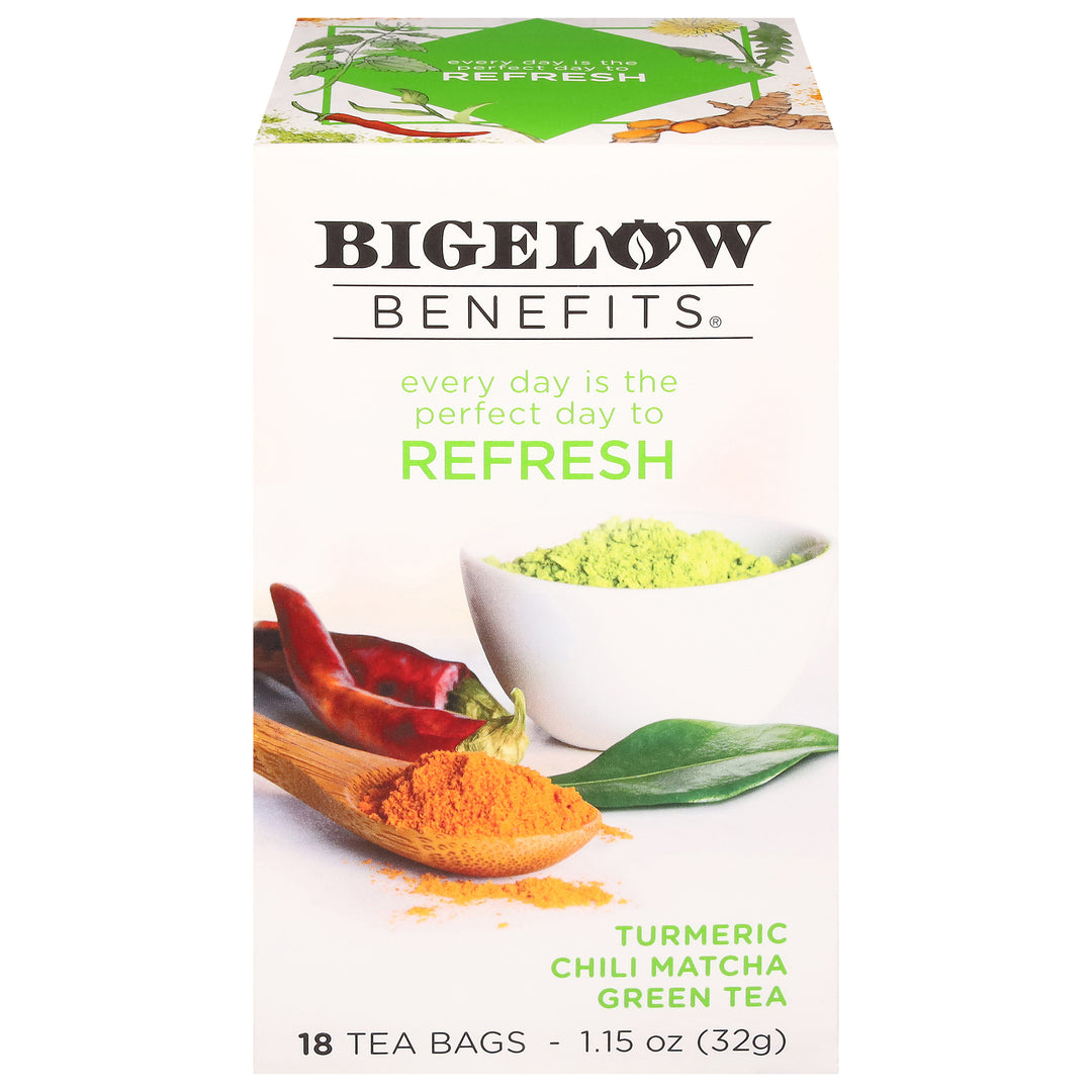 Front of Bigelow Benefits Tumeric Chili Matcha Green Tea box