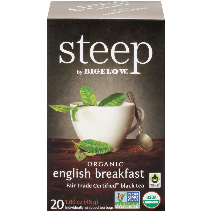 Front of steep by Bigelow Organic English Breakfast Tea box of 20 tea bags