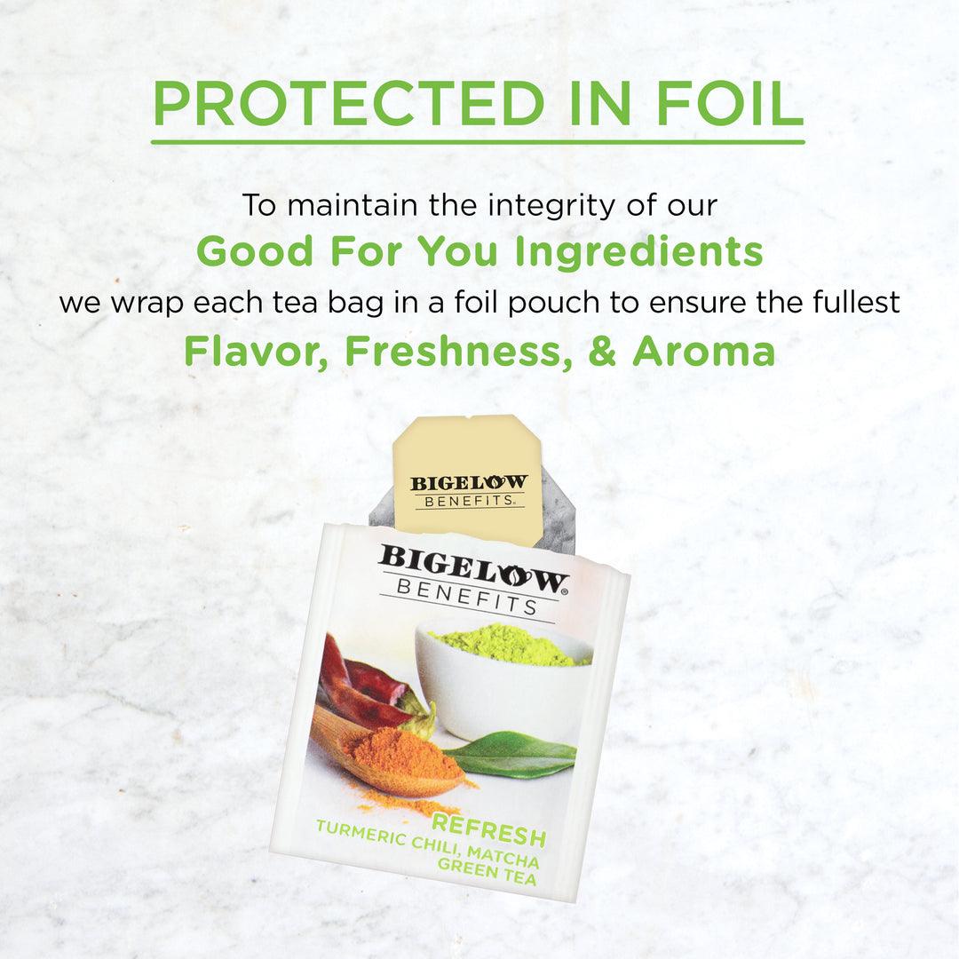 Benefits Turmeric Chili Matcha Green Tea protected in foil