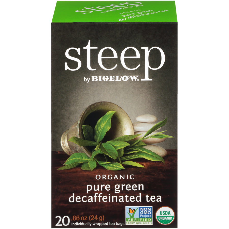 Front of steep by Bigelow Organic Pure Green Decaffeinated Tea Box of 20 tea bags