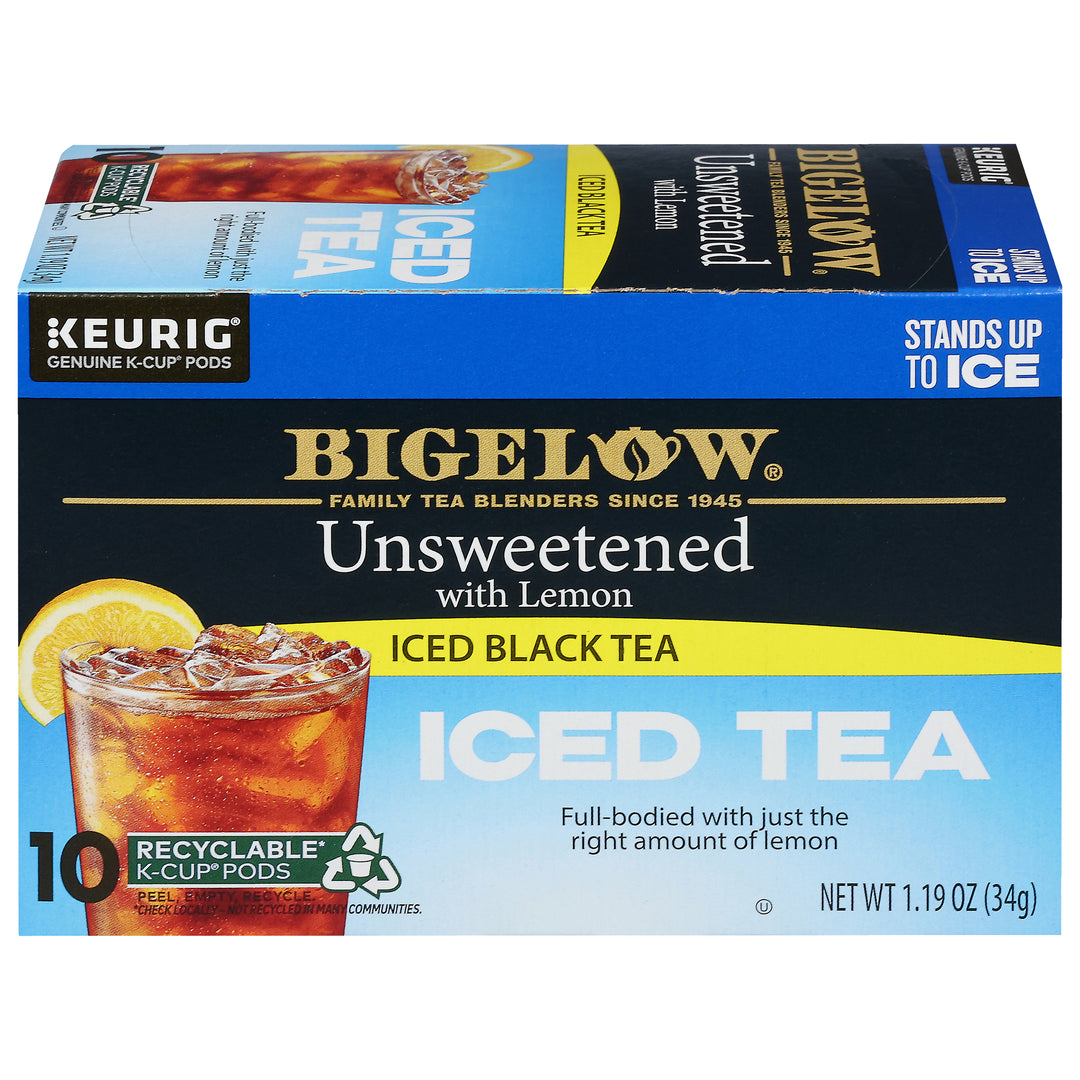 Box of Bigelow Unsweetened Black Iced Tea with Lemon Brew Over Ice K-Cups