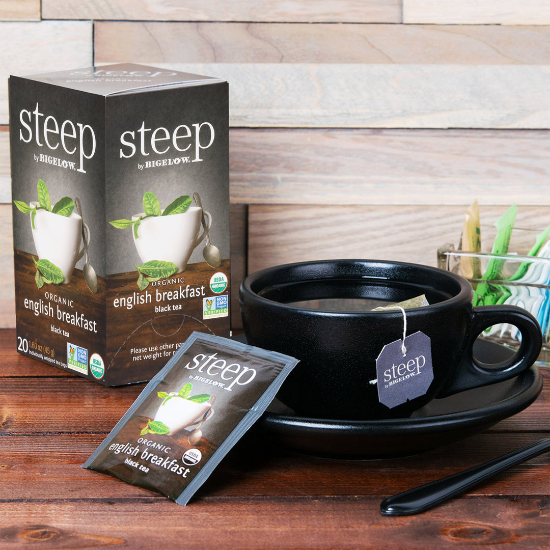 cup and box of steep by Bigelow organic English breakfast tea