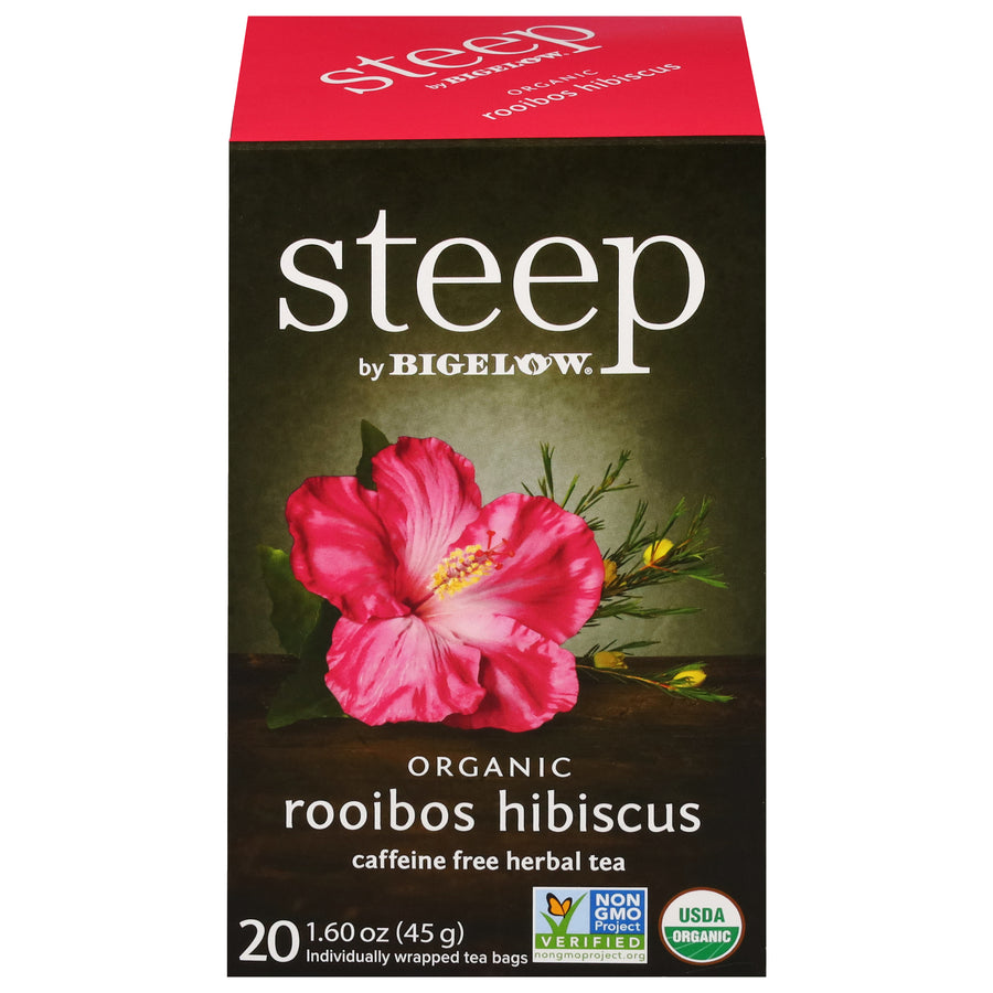 Front of steep by Bigelow Organic Rooibos Hibiscus Herbal Tea Box of 20 tea bags