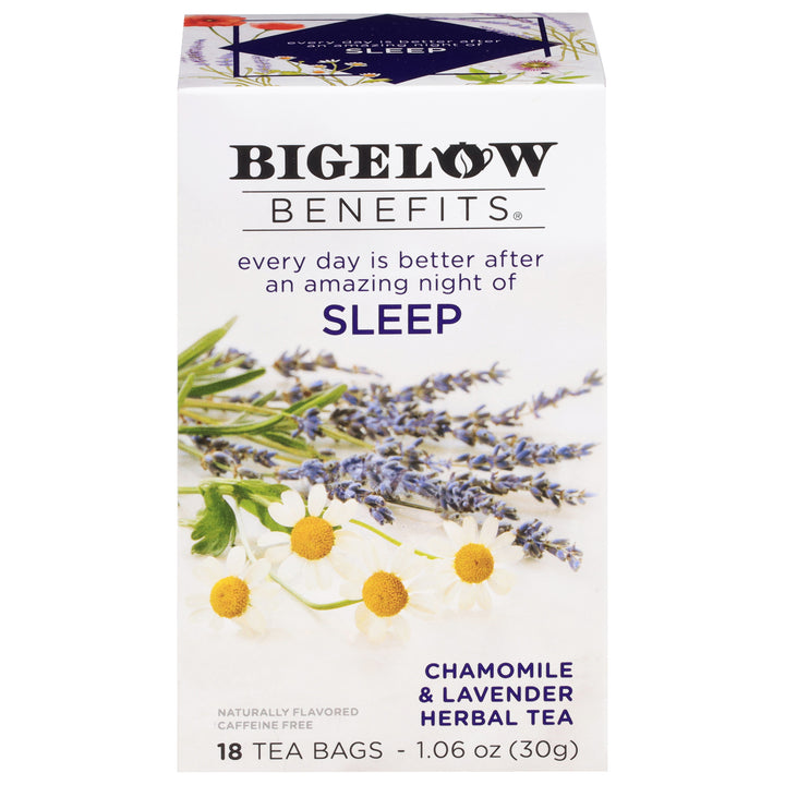 Front of Bigelow Benefits Chamomile and Lavender Herbal Tea box