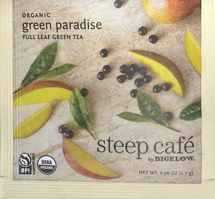 steep cafe by Bigelow organic full leaf tropical green tea pyramid bag in overwrap