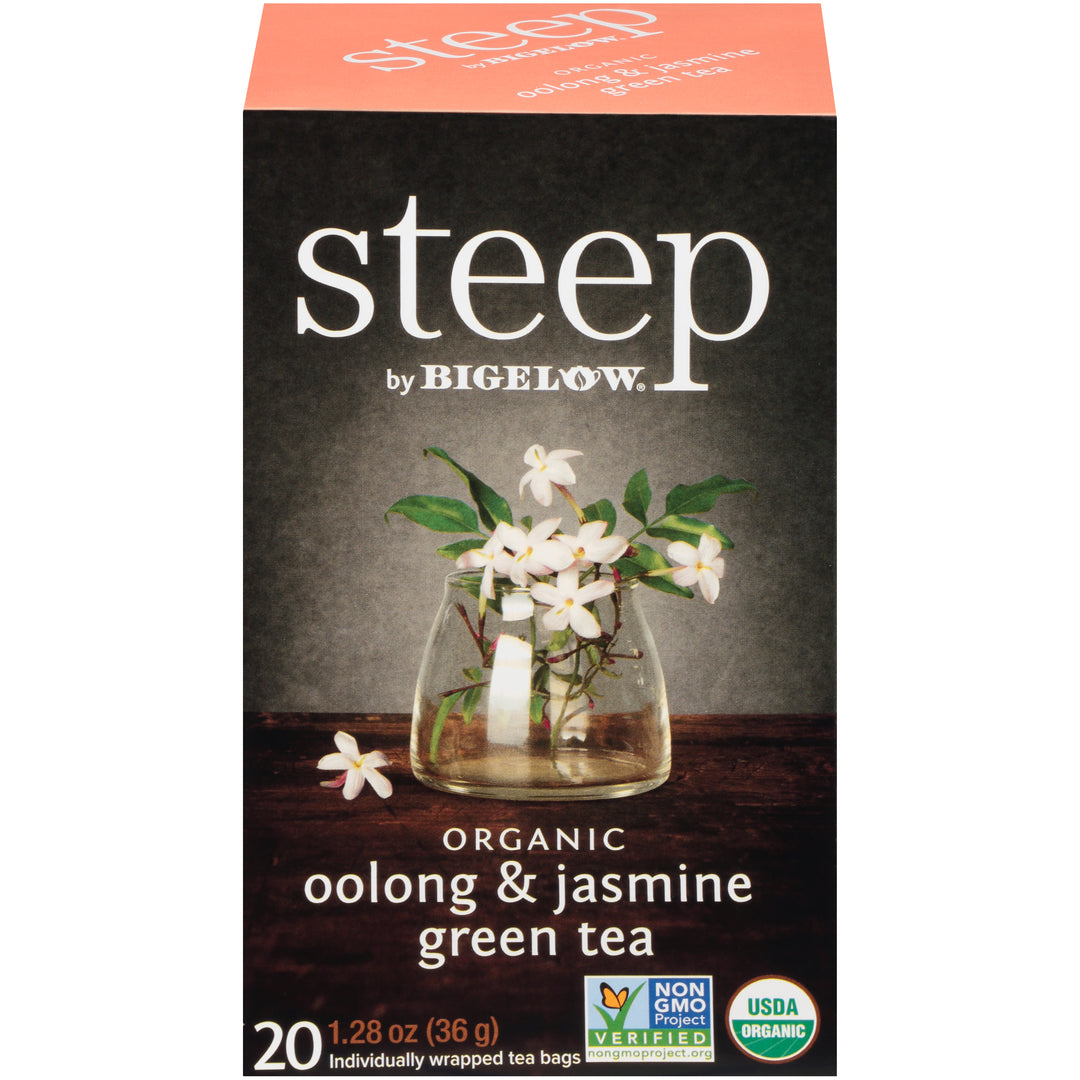 Front of steep by Bigelow Organic Oolong and Jasmine Green Tea Box of 20 tea bags