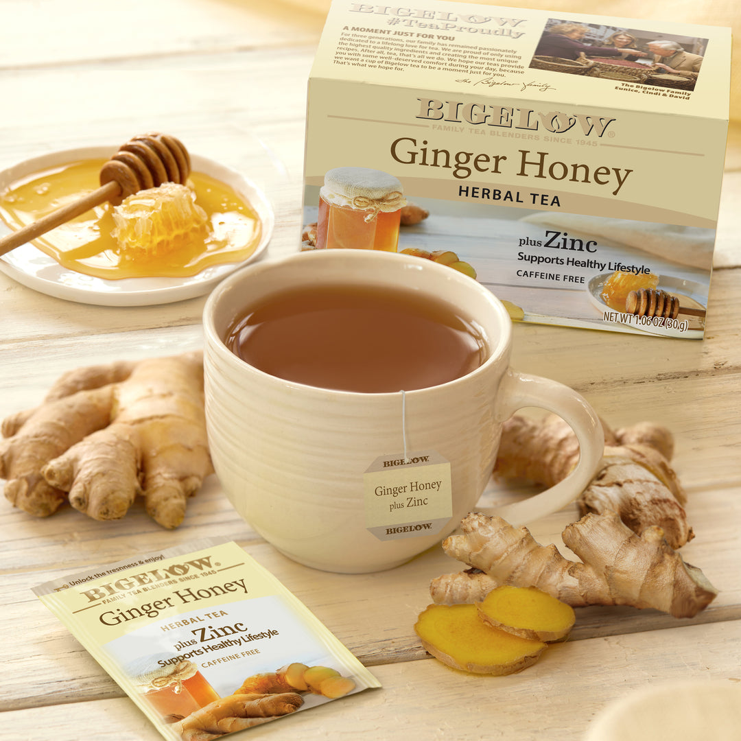 Cup of Ginger Honey Plus Zinc Herbal Tea with box and foil packet