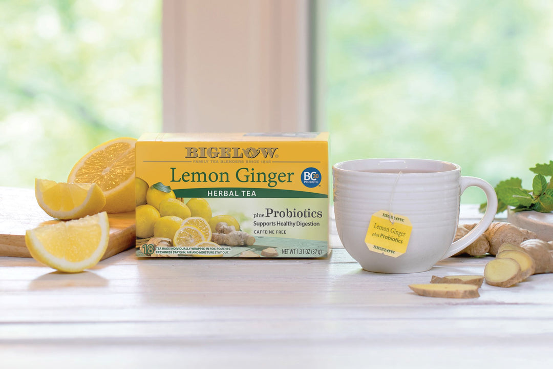 Cup and box  of Lemon Ginger Plus Probiotics Herbal Tea