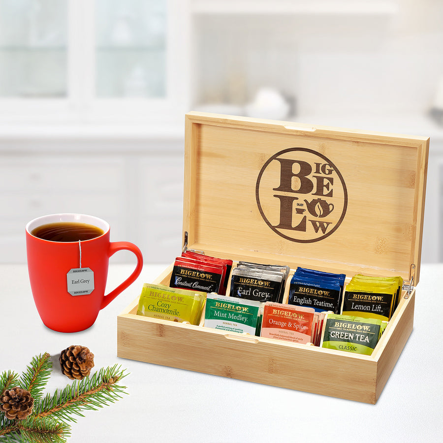 Bigelow Wooden Tea Chest with cup of tea