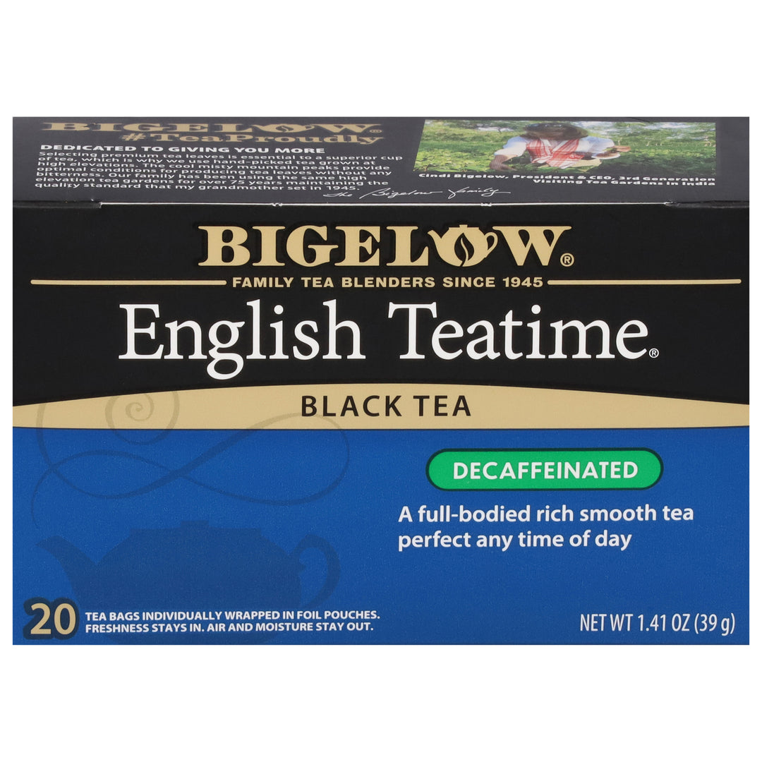 Front of English Teatime Decaf Tea box of 20 tea bags