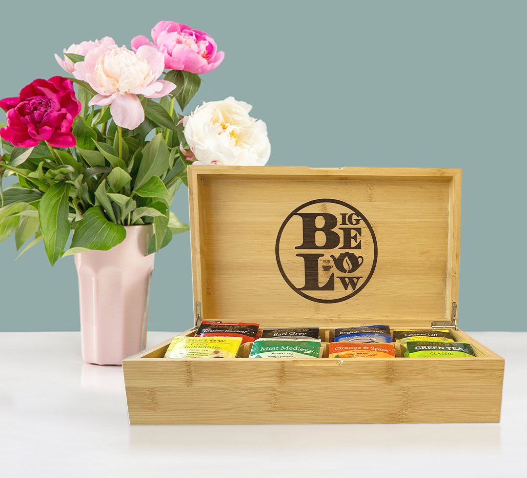 Wooden Tea Chest with 8 Flavors of Bigelow.  Bigelow Logo inside lid