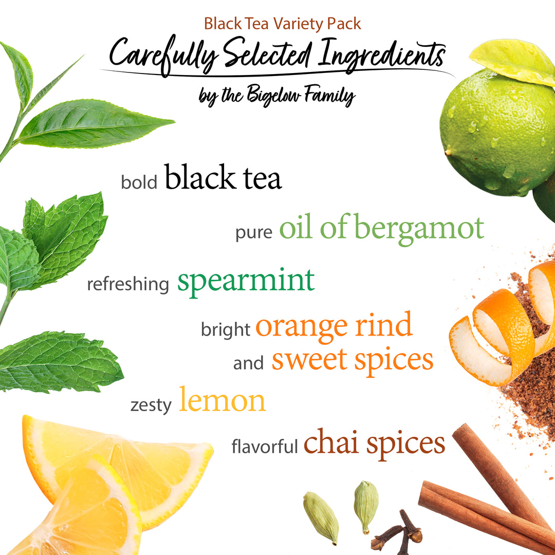 Display of Ingredients of the teas included in this variety pack