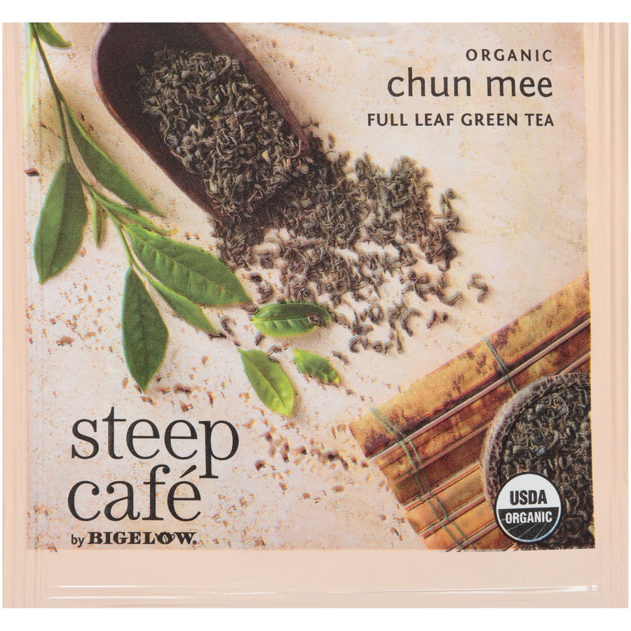 steep cafe by Bigelow organic full leaf chun mee green tea pyramid bag in overwrap