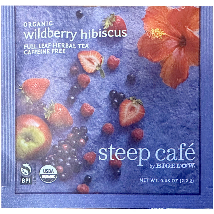 steep cafe by Bigelow organic full leaf wild encounter herbal tea pyramid bag in overwrap