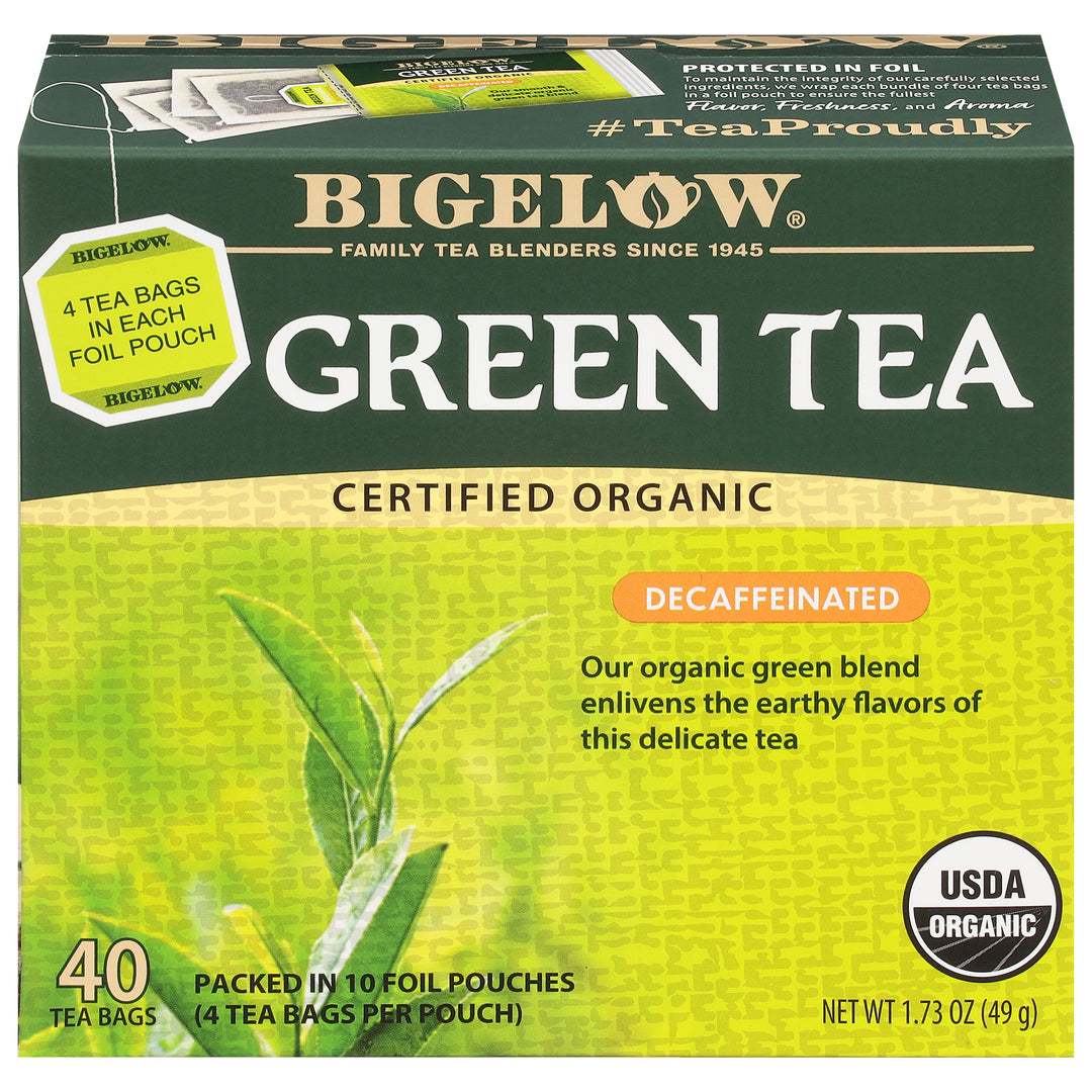 Front view of Organic Green Tea Decaf Tea box of 40 tea bags