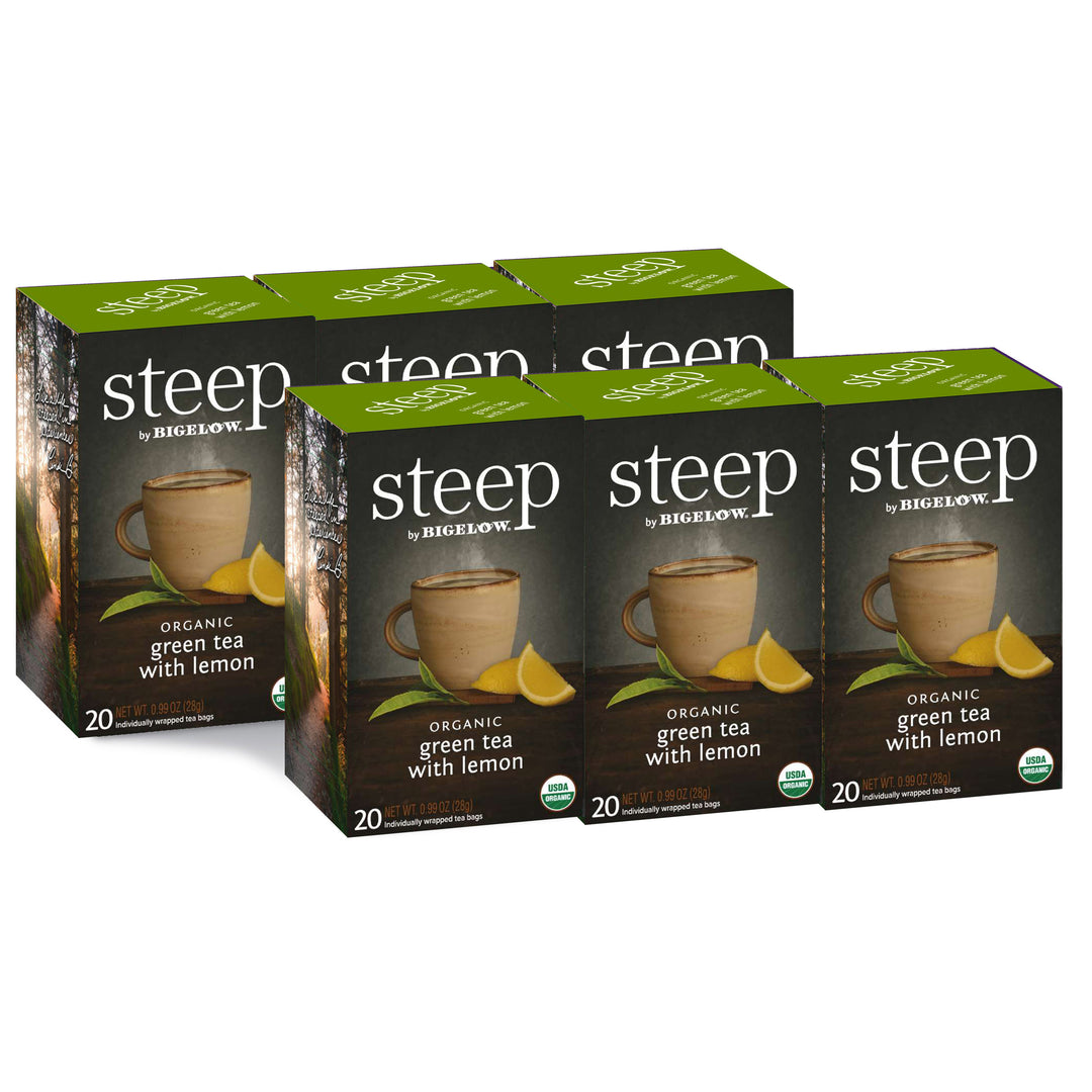 6 boxes of steep by bigelow organic green tea with lemon