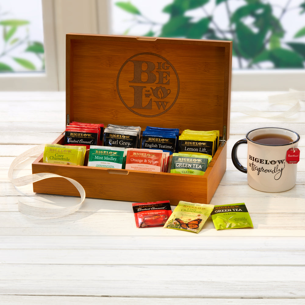 Bigelow Wooden Tea Chest with cup of tea