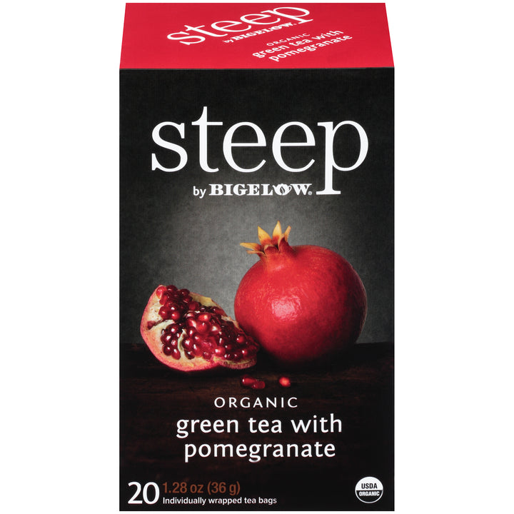 Front of steep by Bigelow Organic Green Tea and Pomegranate Box of 20 tea bags