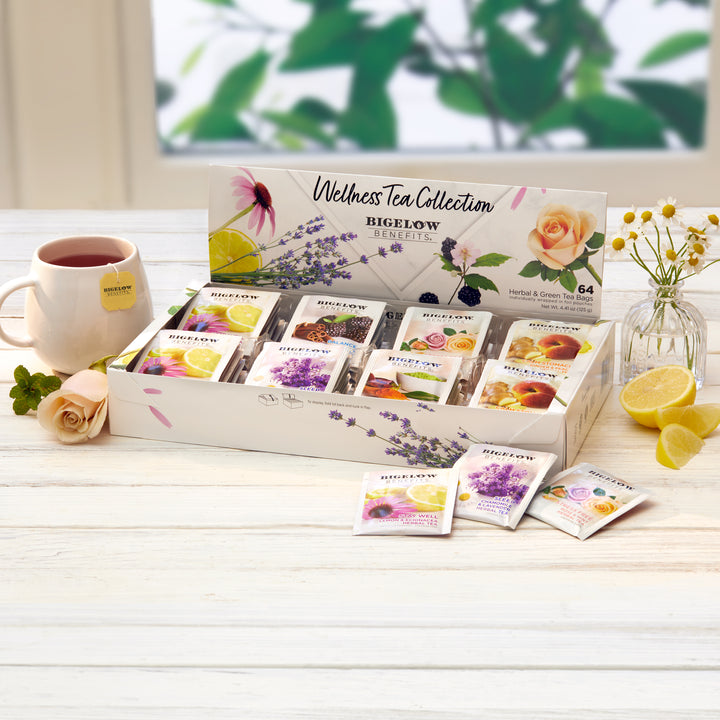 Benefits Wellness Tea Variety Gift Box and cup of tea