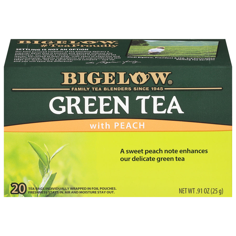 Front of Green Tea with Peach Box - 20 tea bags per box