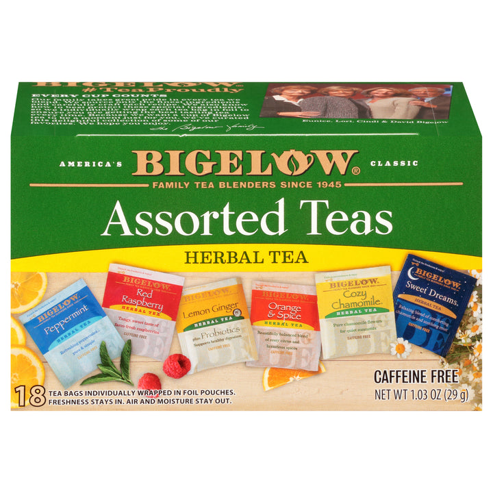 Front of Assorted Teas Herbal Tea box of 18 tea bags